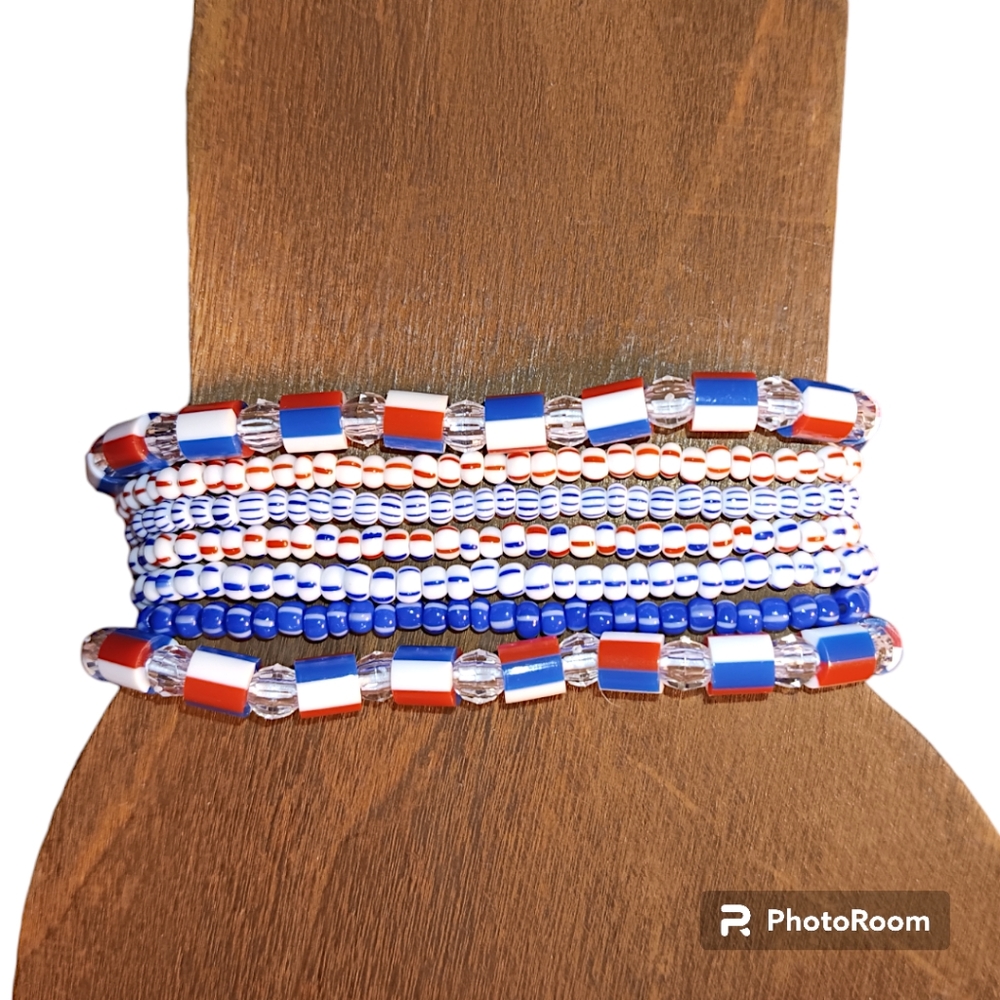 HANDMADE Red, White, & Blue Beaded Patriotic Stackable Stretch Bracelets